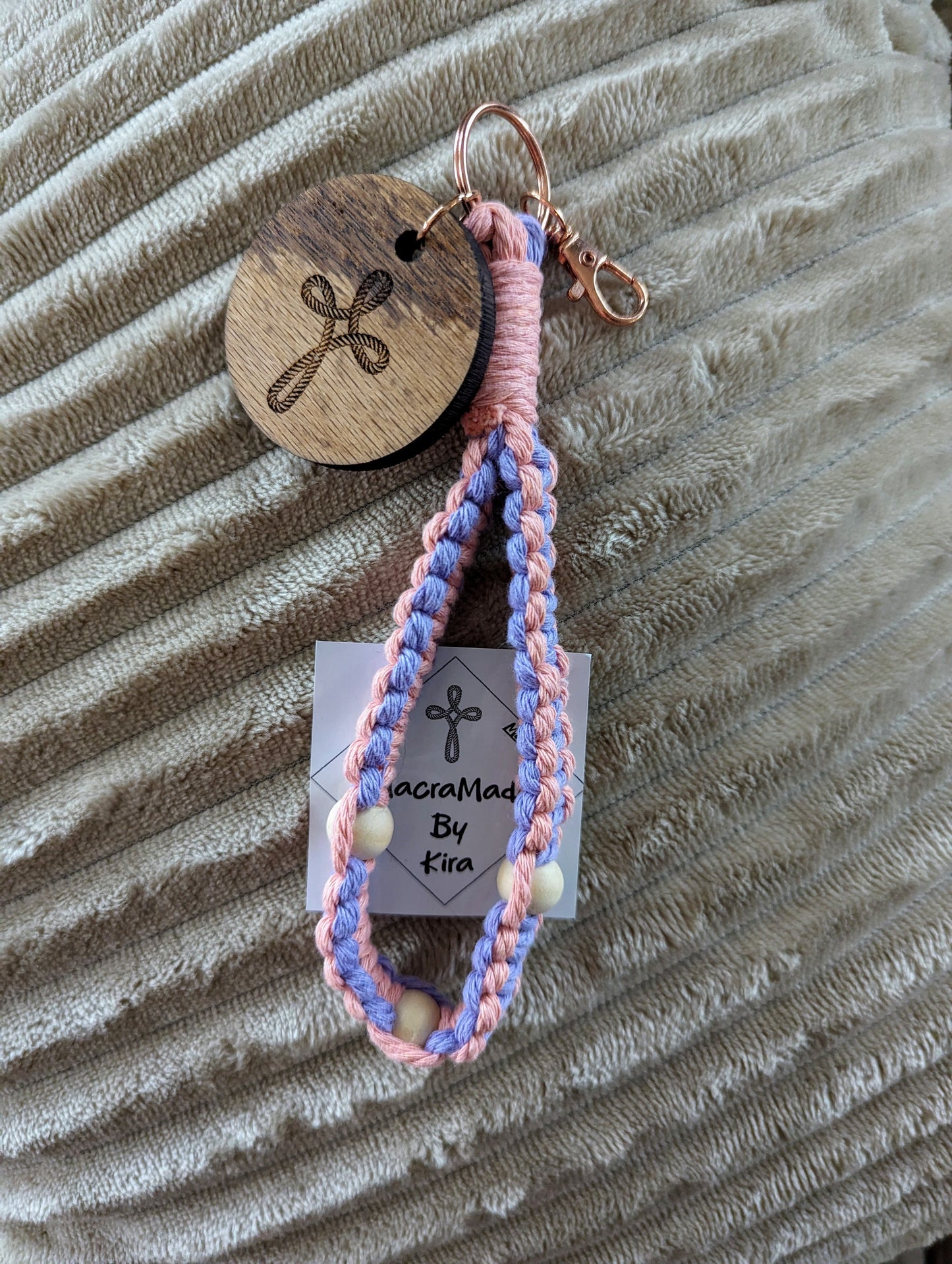 Square Knot Macrame Wristlet with Charm - Rose Gold Key Chain Ring - Custom Colors Available!