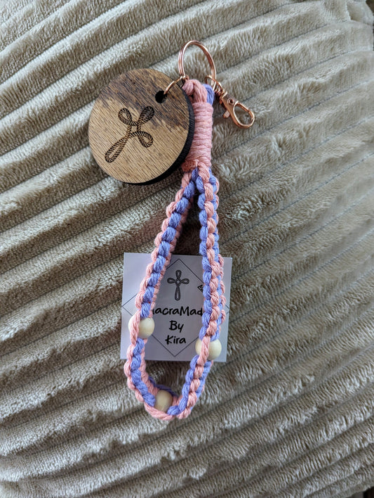 Square Knot Macrame Wristlet with Charm - Rose Gold Key Chain Ring - Custom Colors Available!