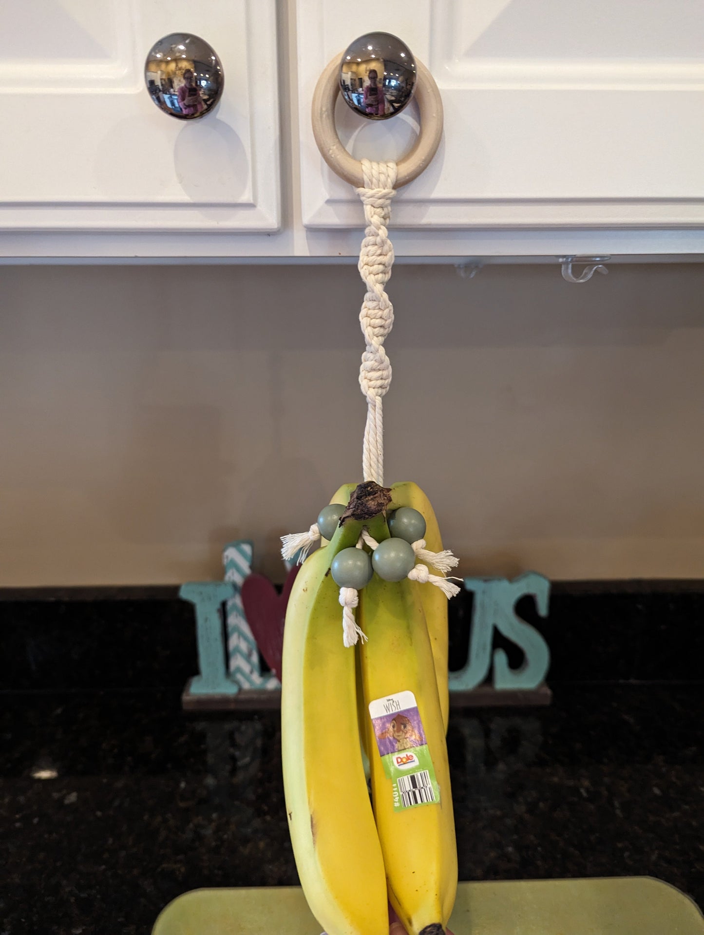 Macrame Banana Hanger with Small Ring and Sage Green Colored Beads- Custom Colors Available!