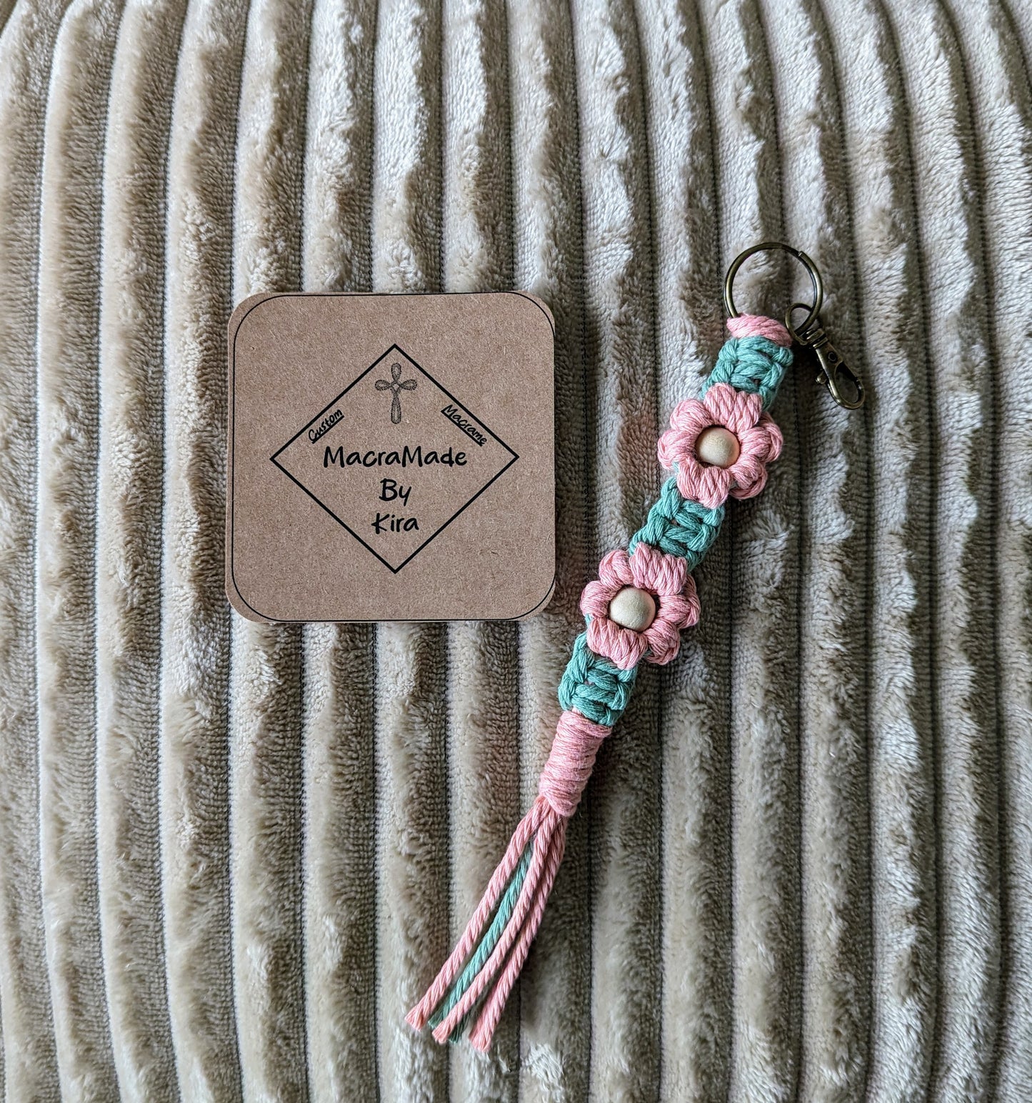 Macrame Flower Beaded Keychain - Black Keyring - Custom Colors!